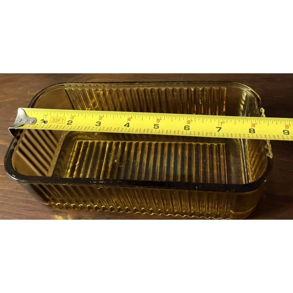 Vintage Amber Glass Rectangular Refrigerator Dish Ribbed Utility Container 8